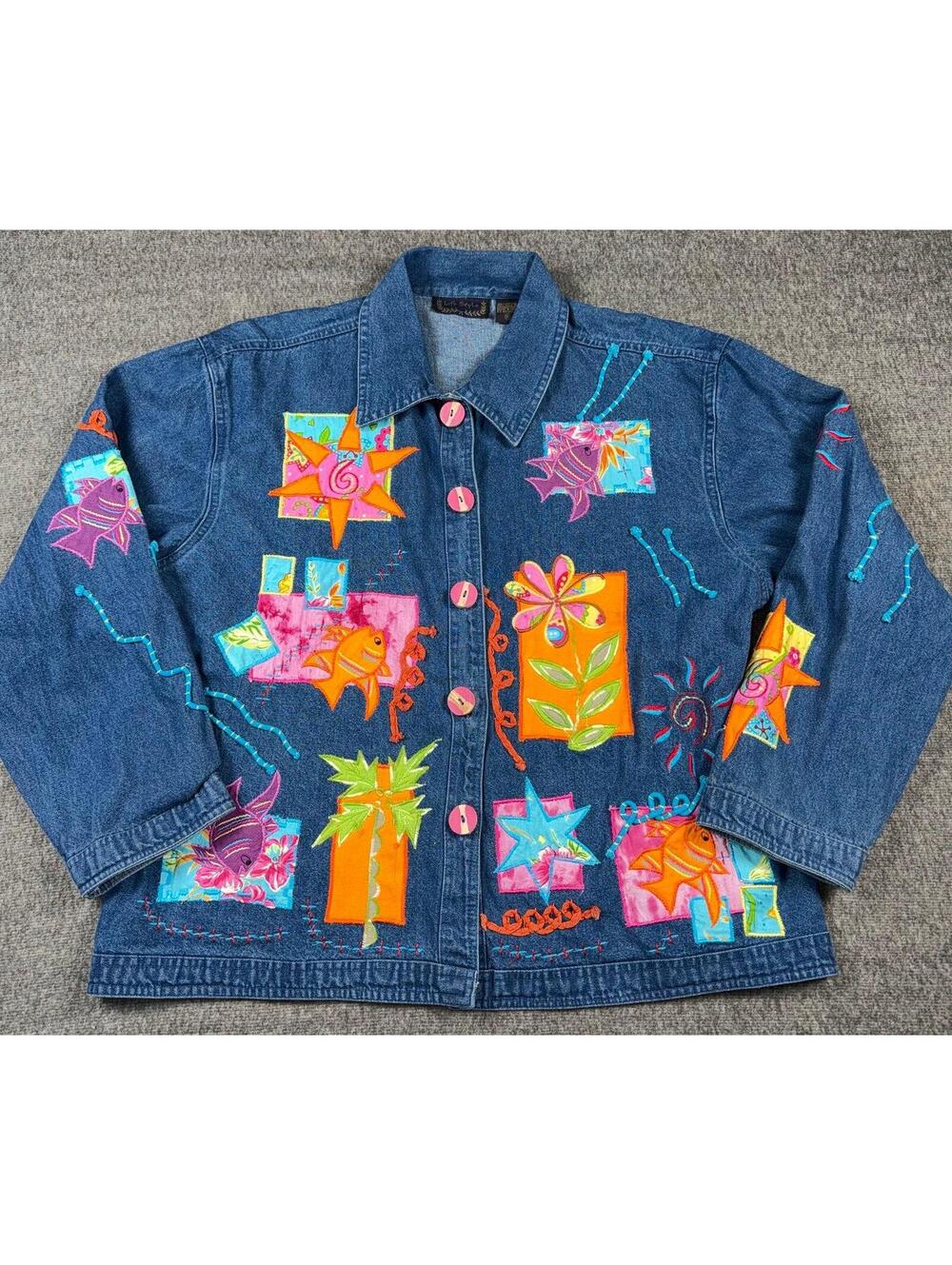 Life Style embroidered Denim wooden-button Jacket size XL Vintage Art to wear
